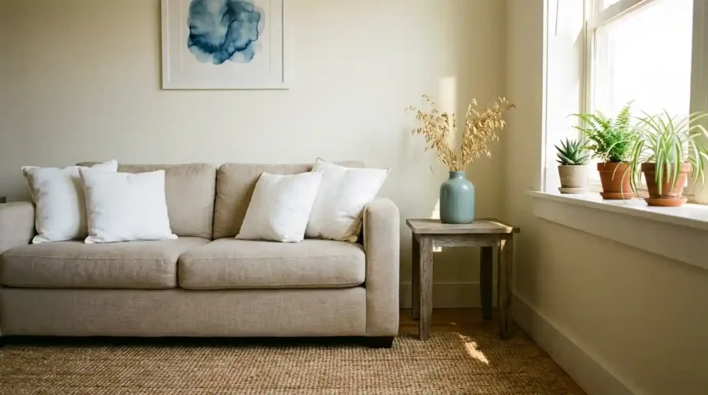 coastal beach themed living room on a budget
